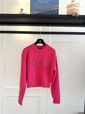 CHANEL Hot Pink Script Logo Crewneck Sweater